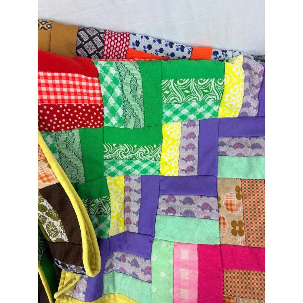 Vintage Handmade Patchwork Quilt Rainbow Polyester Double Knit 70s Retro 68x82